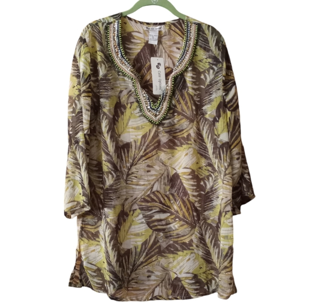 Cute Options XL Brown Multi Sheer Beaded Leaf Print Pullover Tunic Cover-up NWT